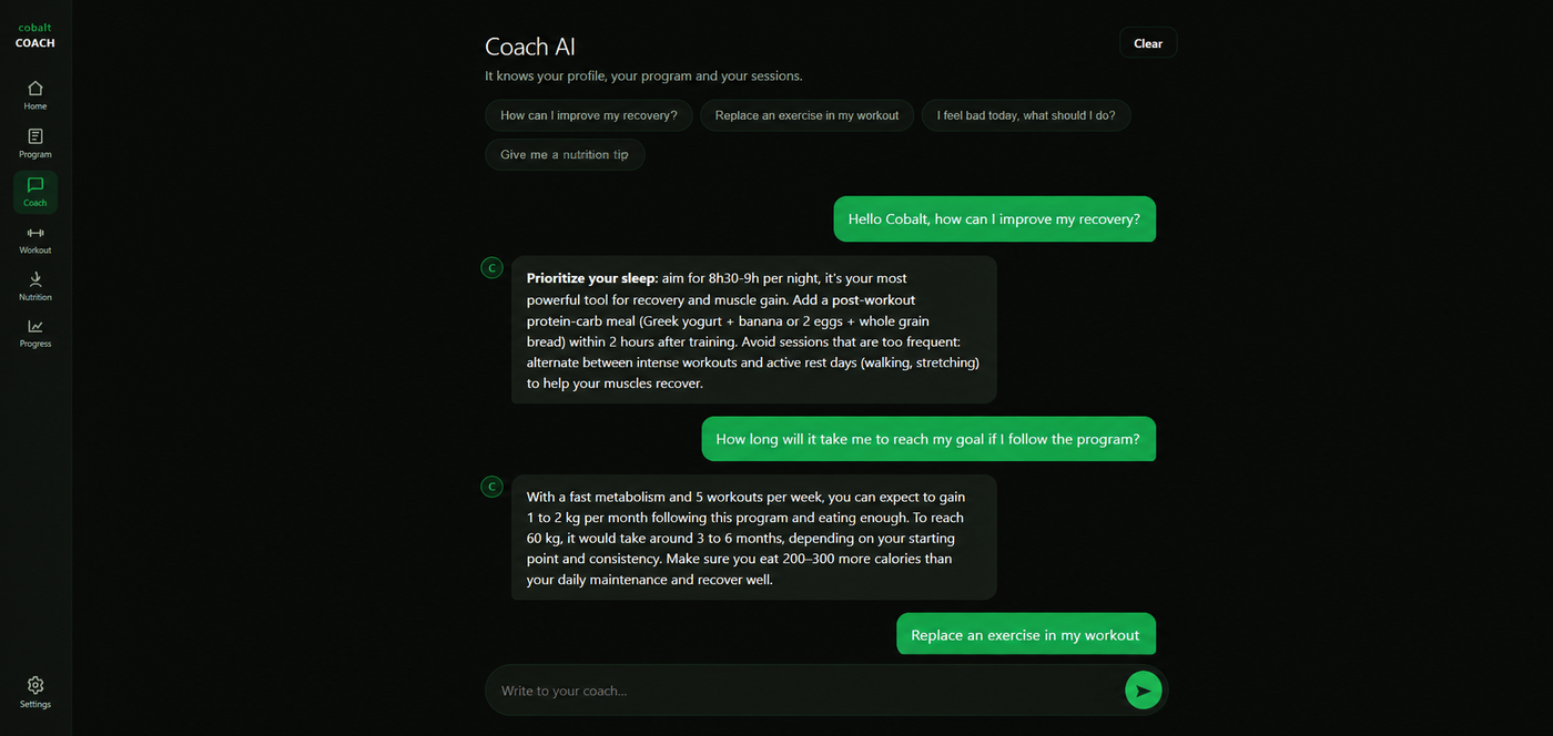 Le chat du coach IA de Cobalt Coach en pleine conversation