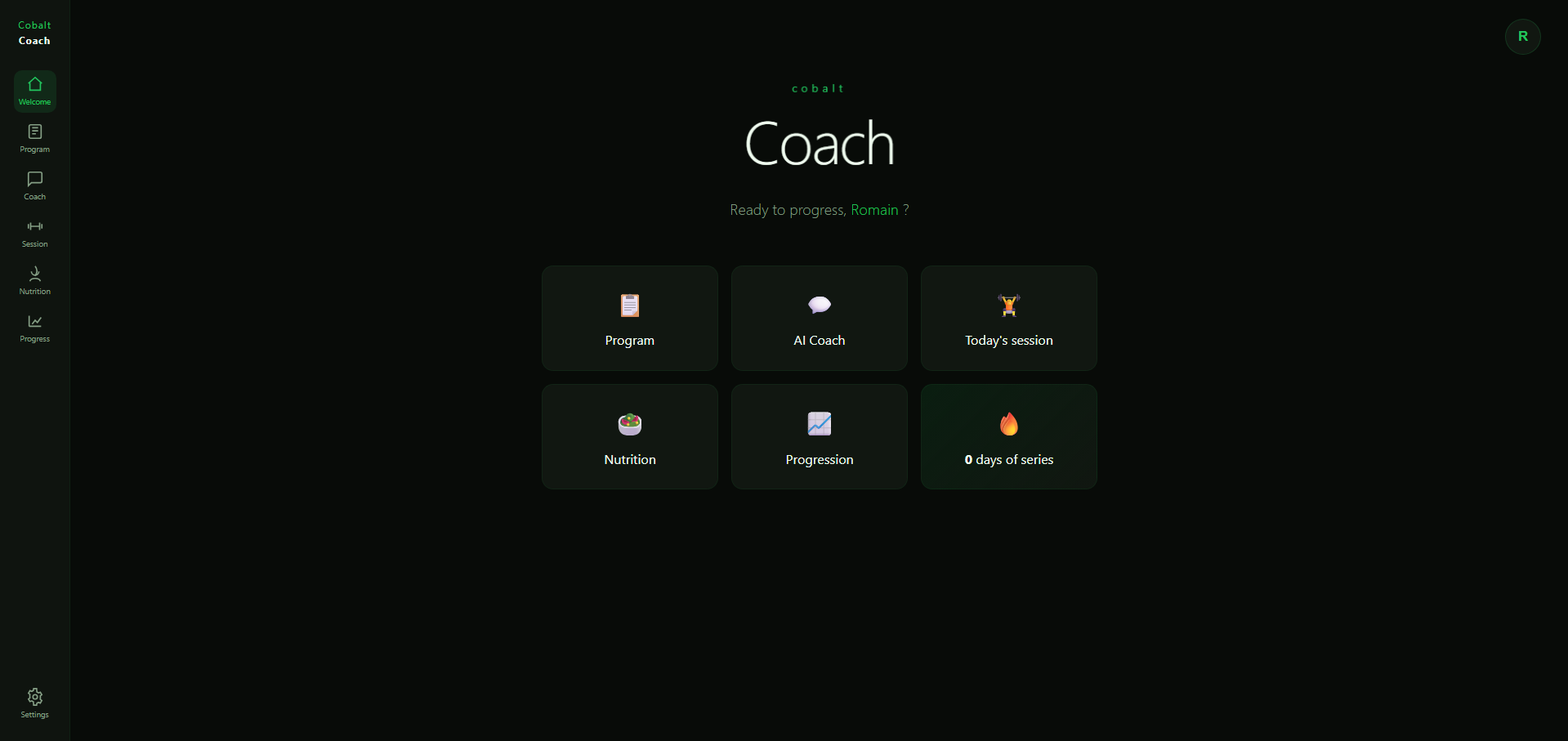 Écran du programme d'entraînement personnalisé de Cobalt Coach